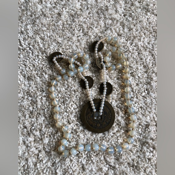 VTG Japanese Coin Necklace Dragon & Phoenix Translucent Moonglow Glass Beads 32” - Picture 7 of 12